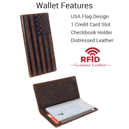 MARSHAL American Flag Checkbook Cover Vintage Leather Patriot Cowboy Wallet for Men (Brown) - Image 3
