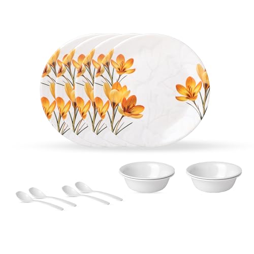 Image of Golden Fish 12 Pieces Dining Set for 4 | Full Plates with Veg Bowls & Eating Spoons Combo | Basic Dinnerware Set for Daily Meals | Lightweight, Easy to Use & Ideal for Home, Hostel & Gifting