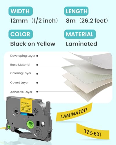 Image of 2-Pack Label Maker Tape 12mm 0.47 inch Yellow Replacement for Brother P Touch Label Tape TZe-631 TZ-631, Compatible with Brother Ptouch PT-D210 PT-H110 PT-D220 PT-D400,Black on Yellow