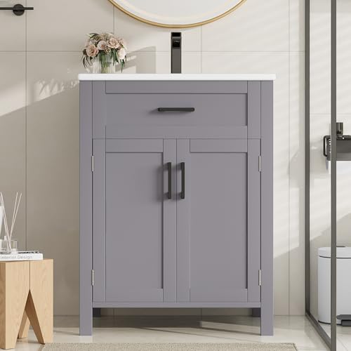 Meuble de salle de bain gris avec vasque en céramique intégrée, finition laquée, double porte,...