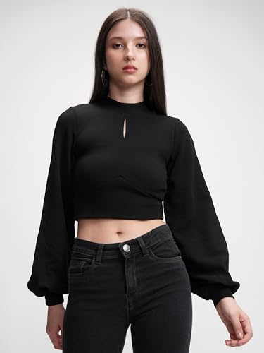 Image of Tokyo Talkies Women's Puff Long Sleeves High Neck Key Hole Crop Top | Trendy & Flattering | Perfect for Casual & Party Looks | Tops for Woman | Women Tops | Women Crop Top