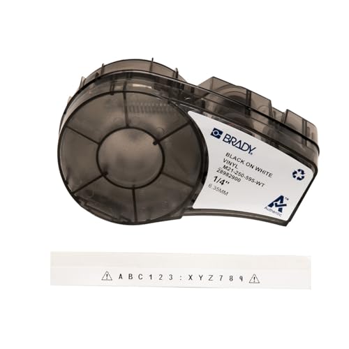 Brady Ruban d’étiquettes vinyles étiqueteuses M211 et M210 - Étiquettes imprimables vinyles adhésives -Noir sur blanc (6.35mm x 6.40m) -M21-250-595-WT