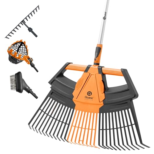 Quest 5in1 Multifunktionales Gartengerät - Gartenrechen, Laubrechen mit Alu-Teleskopstiel, Metallharke, Obstpflücker, Pflasterbürste - Ergonomischer Griff, Leicht, Universell einsetzbar