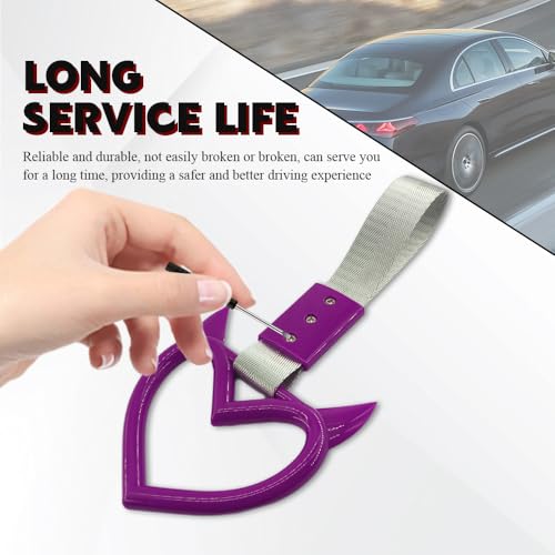 Image of 2PCS Heart shaped Car Handle Straps, Heart Car Accessories, Ring Hearts Shaped Cars Hand Strap Drift Charm, Universal Handle Keychains Accessory Suitable for Cars Bus (Purple+silver)