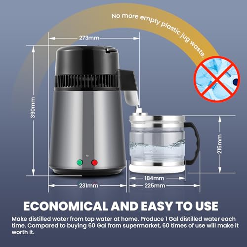 Hanchen wasser destilliergerät aus Edelstahl 304 Destilliergerät 750 W water distiller, Design mit Doppelknopf Wasserreiniger 4L/1 Gal mit Destillierreiniger und Kohlefilter(Dunkelgrau)
