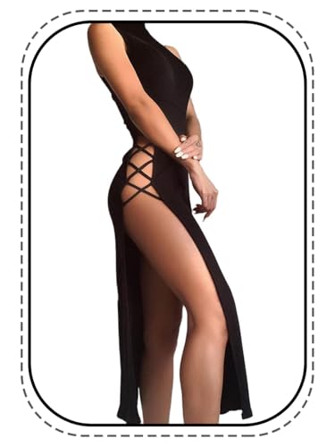 EVILD Sexy Cutout Bodycon Dress Sleeveless High Slit Long Dress Party Bandage Cami Dresses Fit Club Dress for Women (as1, Alpha, l, Regular, Regular, Black)