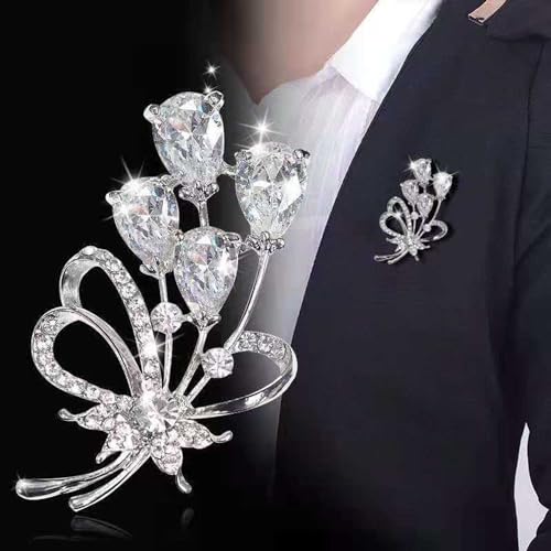 Image of Rhinestone Flower Brooch Pin Silver Tone Crystal Floral Pin Elegant Flower Cluster Corsage Brooch Vintage Wedding Bridal Lapel Pins Clothing Accessories Jewelry for Women Girls