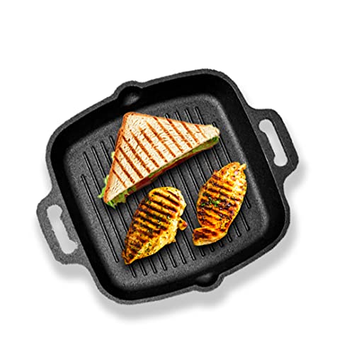 The Indus Valley Cast Iron Grill Pan for Barbeque/Tandoori/Sandwich with Double Handle | 10.5 Inch,1.8Ltr, 3.3kg, Gas & Induction-Friendly | Pre-Seasoned,100% Toxin-Free, Naturally Non-Stick