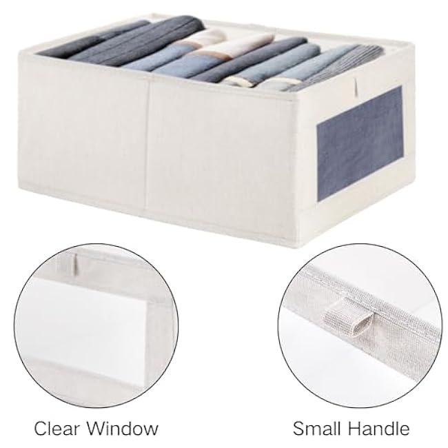 Coloch 6 Pack Linen Storage Bins with Clear Window, Collapsible Closet Storage Box Fabric Clothing Organizer Stackable Organizer Basket for Folded Clothes, Jeans, Toy, Book, Shelves, Closet, Beige