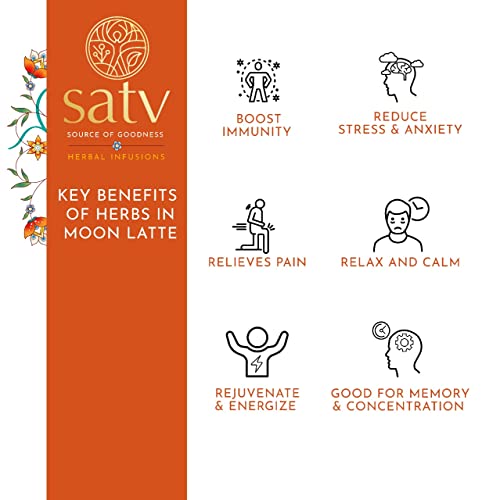 Image of Satv Source of Goodness Moon Latte Turmeric Golden Milk MixI11 HerbsIRelaxation&Calmness,Destressing,Revitalize,I Brahmi,Shankhpushpi,Rose,Ashwagandha,FennelI150 Cups