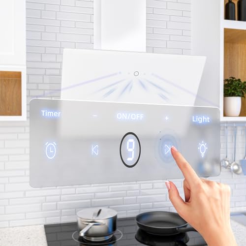 FIREGAS Dunstabzugshaube 60cm kopffrei, Abluft/Umluft Dunstabzug, 524m³/h Luftstrom, Touch-Control, 9 Stufen, Bürstenlosem DC-Motor, inkl. 2x Kohlefilter, Abzugshaube Glasfront Weiß