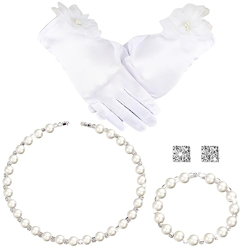 Newcotte 4 Pcs Pearl Necklace Sets for Little Girls Toddler Girls Jewelry Communion Glove for Christmas Tea Party Wedding(Flower)