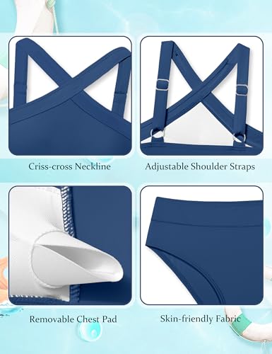 Image of Girls Swimsuits 2 Piece Bikinis Set Colorblock Bathing Suits Criss Cross Strap Girls' Swimwear