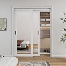 Bypass, 60" x 80" Sliding Closet Door, Double 31" Panels with One Side Mirror, Primed & Paintable Surface, White, Pre-Assembled Panels & Hardware Kit for Bedroom/Closet/Laundry