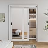 Bypass, 60' x 80' Sliding Closet Door, Double 31' Panels with One Side Mirror, Primed & Paintable Surface, White, Pre-Assembled Panels & Hardware Kit for Bedroom/Closet/Laundry