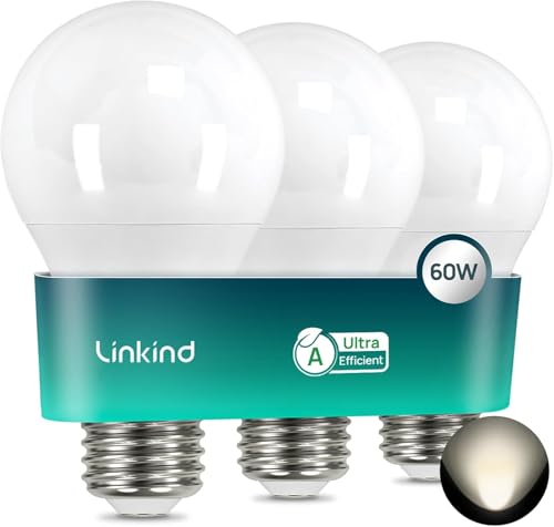 Linkind Ampoule LED E27 Ultra Efficace, 3,8W Remplace 60W, 4000K Blanc Neutre, Classe Énergétique A, Non Dimmable, A60 Edison 806 lm, Angle 220°, Mat, Lot de 3