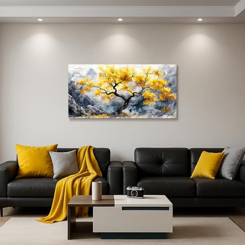 crmotu Tree of Life Large Wall Art, Chinoiserie Scenic Ink Paintings, Mountain Tree Landscape Artwork for Walls, Abstract Watercolor Modern Wall Decor Living Room Bedroom Office Art Prints 20x40inch