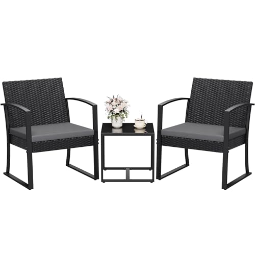 Homall Resin 3 Pieces Patio Furniture Set, Outdoor Bistro Set with Cushions and Glass Table, Conversation Set Rattan Chair for Porch, Balcony, Poolside, Garden (Grey)