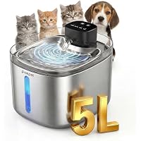 Pokpet 5L Stainless Steel Pet Wireless Water Fountain with Motion Sensor, Quiet Operation, 4000mAh Rechargeable Battery, 1 Filter Set (Silver)