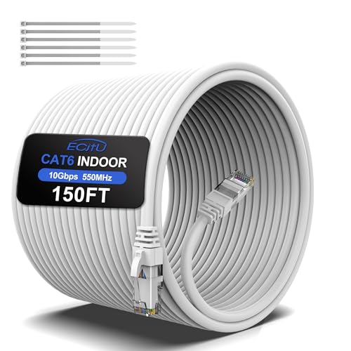 150FT Cat6 Ethernet Cable, Cat 6 Patch Cable, Cat6 Internet Cable, UTP Network Cable, Indoor and Outdoor, PoE, 24AWG CCA, Compatible for PC, Laptop, Router, Switch, Server, with 25 Cable Ties - White