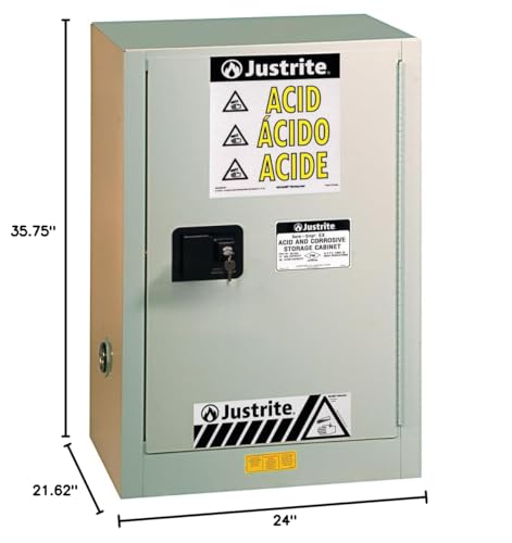 Image of Justrite Acid Corrosive Storage Cabinet - 15 Gallon 1 Door Self Close Chemical Storage Cabinet with ChemCor Coating - 22 inch x 36 inch x 24 inch - Made in The USA - Light Neutral - 8825272