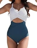 Buauty Women's One Piece Swimsuit Tummy Control Bathing Suits Sexy Cutout Swimwear Full Coverage Swim Suits for Women 2025 Blue Striped