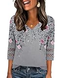 Zeagoo Bluse Damen 3/4 Arm Elegant Shirt V Ausschnitt Floral Oberteil Lochstickerei Tunika Sommer Locker Blusenshirt Grau Blumen L