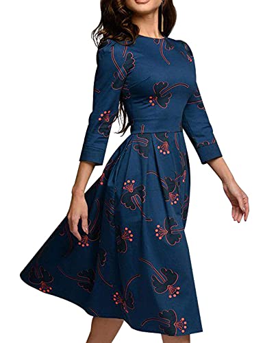 Simple Flavor Women's Floral Evening Flare Vintage Midi Dress 3/4 Sleeve (0658Bl, L) #TOP2