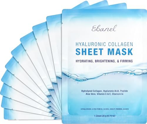 Ebanel 10-Pack Collagen Face Mask with Hyaluronic Acid, Vitamin C, Peptide
