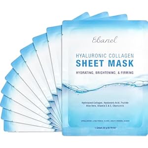 Ebanel 10 Pack Collagen Face Mask with Hyaluronic Acid, Vitamin C, Peptide, Aloe, Instant Brightening Hydrating Face Masks Skincare Korean Sheet Mask, Skin Firming, Lifting Anti Aging Facial Masks