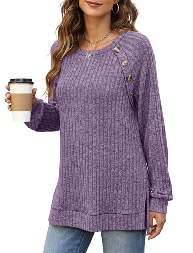 Image of Bofell Long Sleeve Shirts for Women Lightweight Button Decor Tunic Tops Side Split