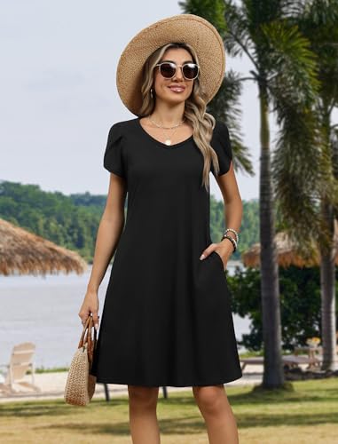 Image of Zeagoo Womens Summer A-Line Dress with Pockets Mini Short Sleeve Dresses Flowy Beach Swing Dress 2026 Vacation Travel
