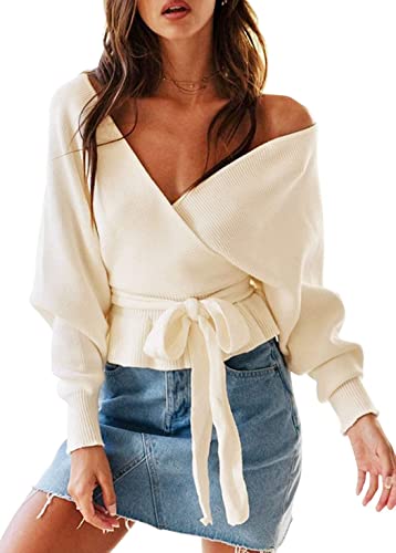 Uusollecy Pull pour femme - Col en V sexy - Dos nu - Court en tricot - Ourlet à volants - Manches bouffantes - Avec ceinture - Décontracté - Manches longues chauve-souris, A-beige., L Cover