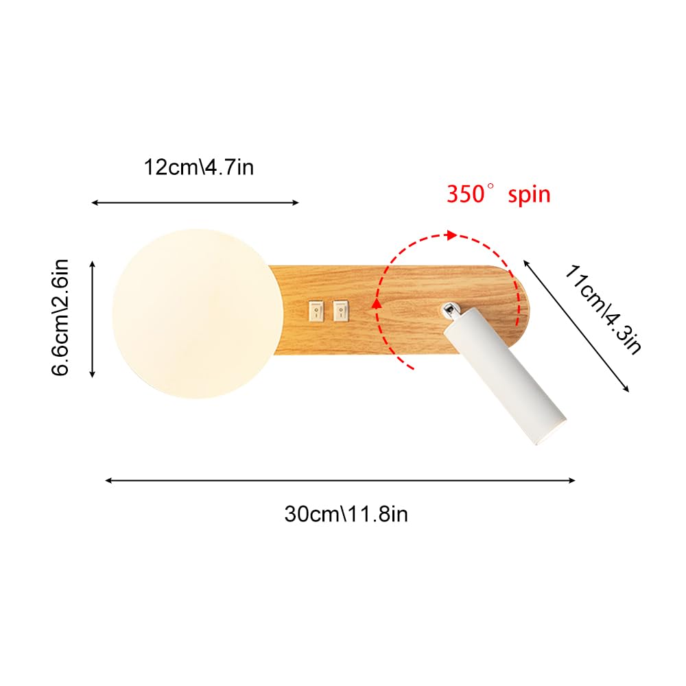 Lámpara de Lectura para cabecera, Aplique de Pared con focos giratorios de 350°, lámpara de Pared con Interruptor de Encendido y Apagado, Luces de Lectura con cableado para Dormitorio.