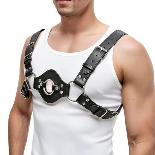 Men's Chest Harness Belt With O Ring, Adjustable Body Harness Belt for Men, PU Leather Male Punk Chest Shoulder Harness Muscle Show Fashion Costumes for Cosplay Party