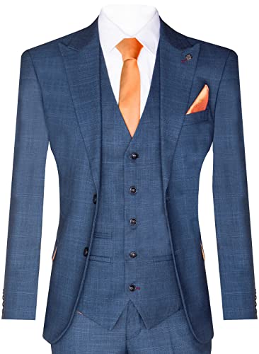 Mens 3 Piece Blue Suit Prince of Wales Check Classic Light Tailored Fit Modern3