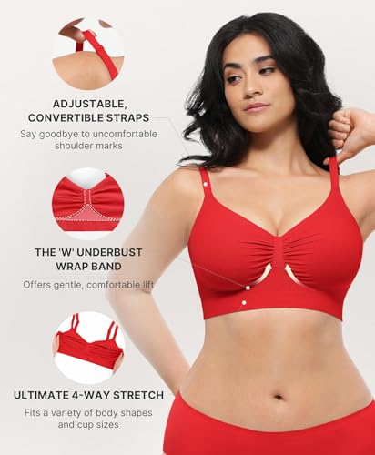 Image of SHAPELLX Bra Wireless Comfy Stretchy Bralatte Lounging Everyday Bras Red L | No wire, light support, unpadded, 4-row hook, comfort, breathable, seamless, back smoothing, for lounge sleeping daily wear
