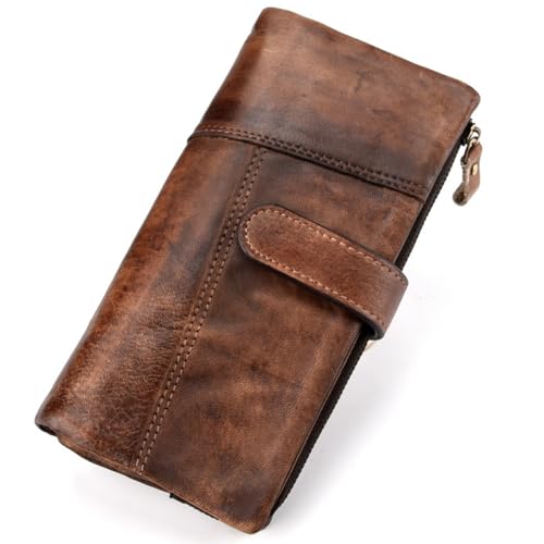Vintage Genuine Leather Long Wallet Men Women Credit Card Holder Purse Zipper Business Moible Phone Wallet Best Choice (brown)