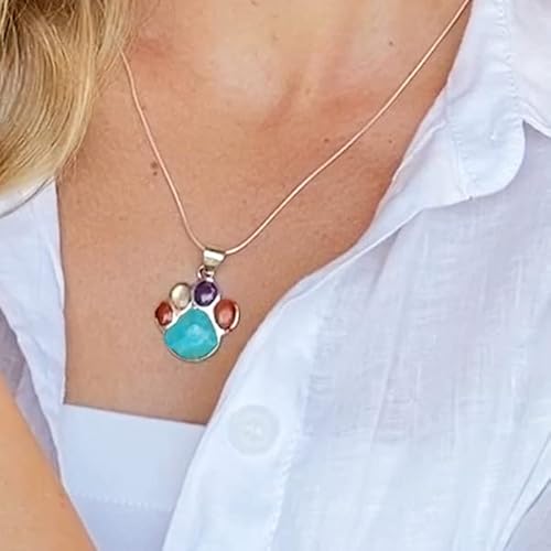 Dog Paw Pendant Necklace 925 Sterling Silver Genuine Turquoise & Gemstones (20", Multi) #TOP1
