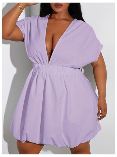 Image of WDIRARA Women's Plus Size Deep V Neck Bubble Dress Short Sleeve A Line Mini Dresses
