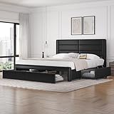 Yaheetech King Size Bed Frame with 2 USB Charging Station/Port for Type A&Type C/4 Storage Drawers, Leather Upholstered Platform Bed with Headboard/Solid Wood Slat Support/No Box Spring Needed/Black