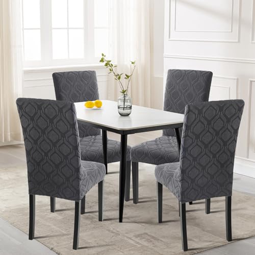Image of SearchI Dining Room Chair Covers Set of 6, Stretch Jacquard Parsons Chair Slipcovers Super Fit Spandex Removable Washable Kitchen Chair Protector Cover for Dining Room, Hotel, Ceremony (Grey)