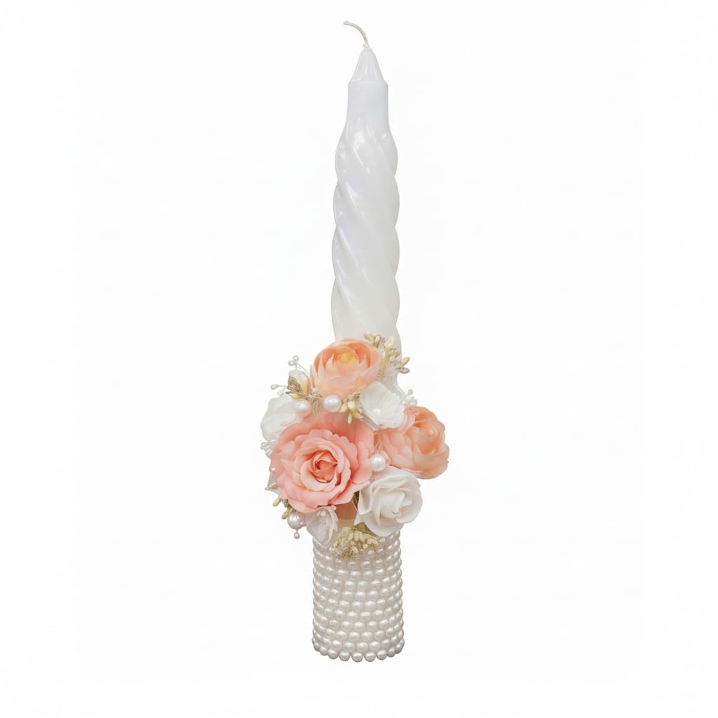 Handmade Decorative Flower Candle with Pearl Beads – Twisted Design Floral Candle for Home Decor, Baptism, Holy Communion, Prayer & Festival Decoration (White & Pink, 13 x 2.5 inches)-image-46