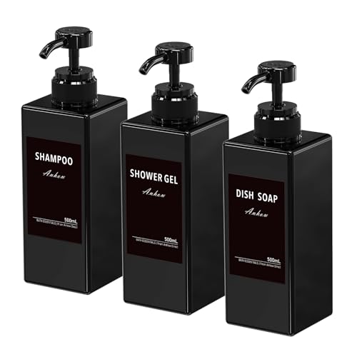 3 Pcs Dispensador de Botellas de Recargable, 500ml Dispensador Gel y Champu Ducha Contenedor de Loción con 16 Etiqueta Impermeable, para Baño, Viajes, Hoteles - Negro