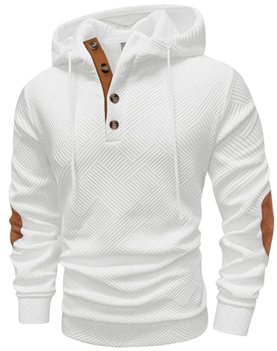 Mens Fashion Pullover Hoodies Long Sleeve Thermal Drawstring Button Texture Hooded Sweatshirt White