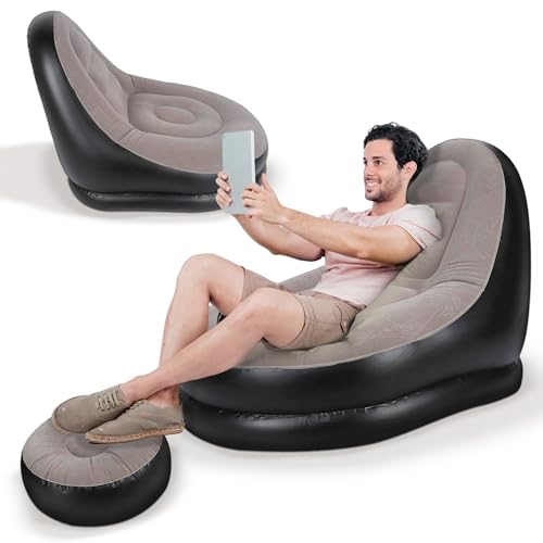 JUPPLIES Sofa Hinchable Aterciopelado con Reposapies Plegable Separado para Interiores y Exteriores - Sillon Hinchable Estilo Puff con Superficie Suave y Amplio Asiento (Sofa + REPOSAPIES)