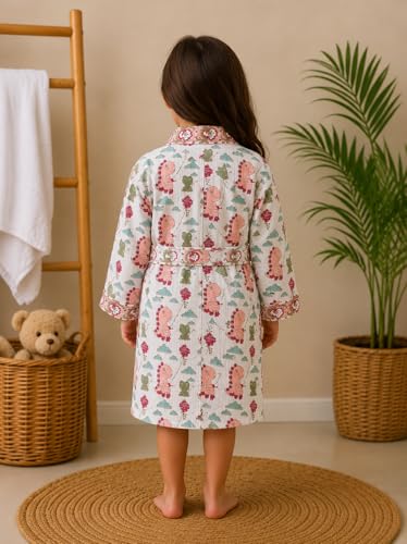 Image of Hand Block Print Waffle Cotton Fabric Kid's Bathrobes loungewear lightweight Traditional Handblock Printed Bathrobe For Boy & Girls (Suitable for kids aged 9 to 12 years old)