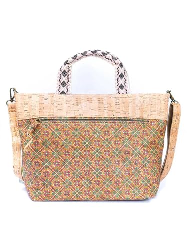 Portuguese Cork Tote Bag with Floral Design, 14W x 9.5H inches, Natural Cork Material, Adjustable Shoulder Strap