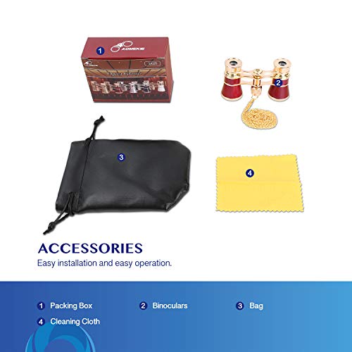 Aomekie Opera Glasses Binoculars 3X25 Theater Glasses Mini Binocular Compact with Chain for Adults Women Kids in Musical Concert(Red)