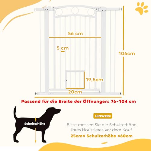 PawHut Türschutzgitter Treppenschutzgitter Türgitter ohne Bohren Treppengitter für Breiten 76-104 cm Einhändiges Öffnen Stahl Weiß